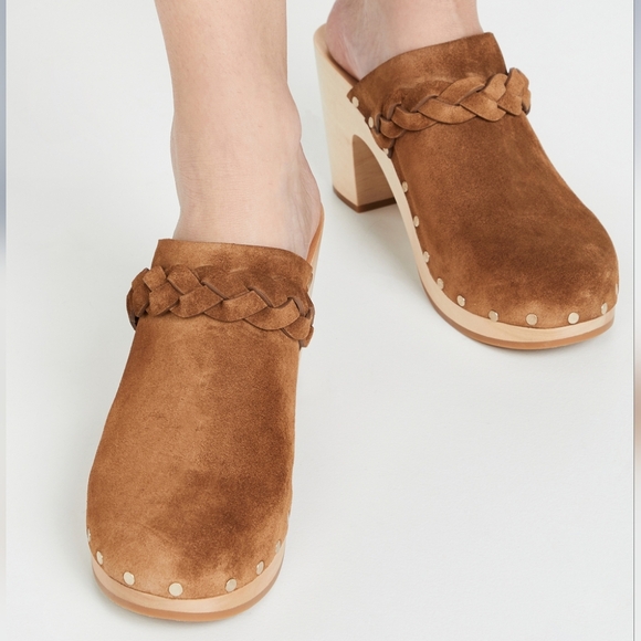 Loeffer Randall Cacao Suede Merrill Wooden Heeled Boho Braid Clogs Size 8.5 - Picture 1 of 16
